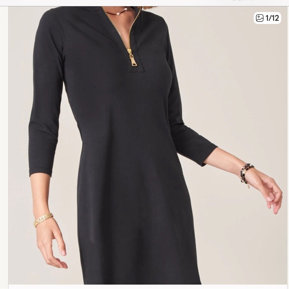 Spartina 449 Nora Black Half‑Zip Long Sleeve Performance Dress with Gold Zip L